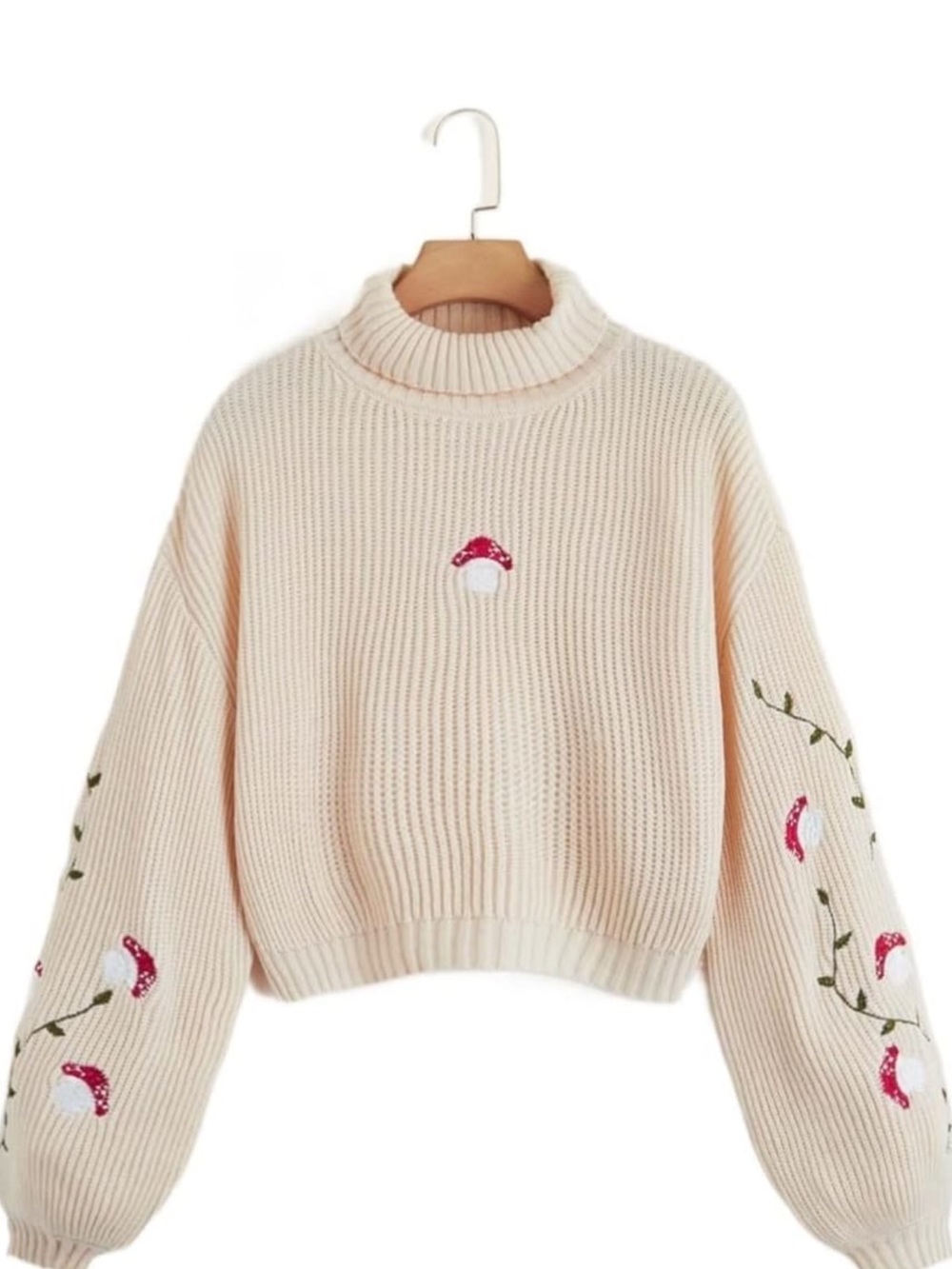 Romwe Cream Embroidered Mushroom Whimsy Cottagecore Fairy Turtleneck Sweater